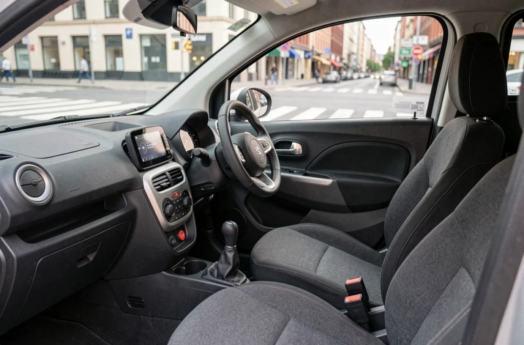 Intérieur minimaliste d'une voiture sans permis moderne avec tableau de bord numérique et sièges en tissu gris