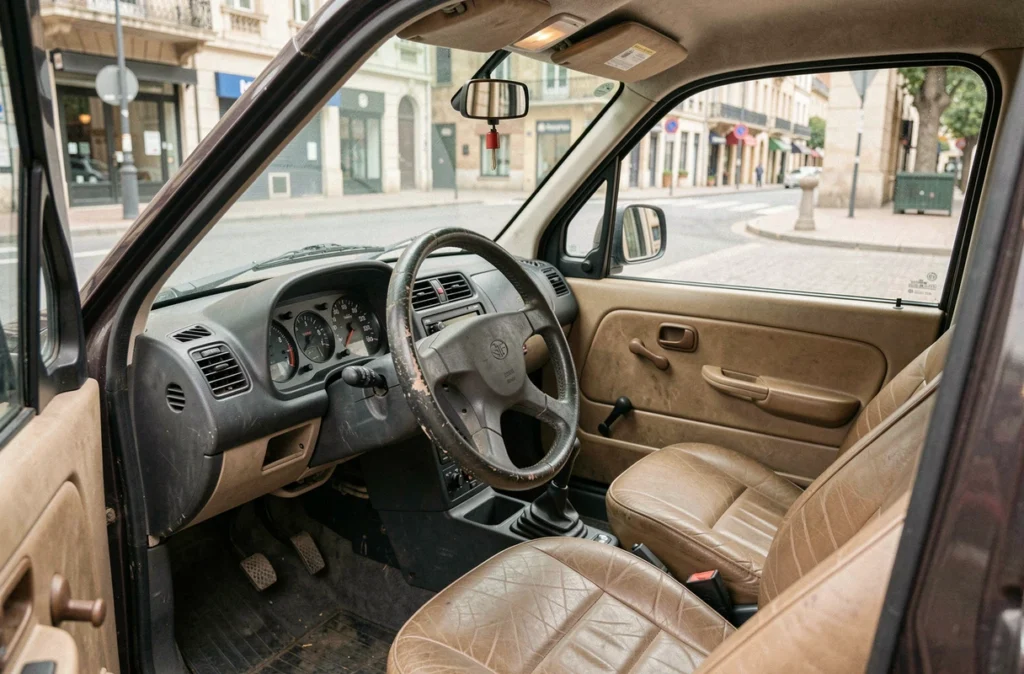 Intérieur d'une voiture sans permis d'occasion avec tableau de bord et siège usé visible