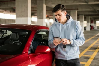 Jeune conducteur tenant des clés de voiture et consultant une application d'assurance sur smartphone à côté d'une voiture de sport rouge dans un parking urbain