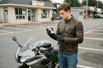 Jeune conducteur de moto consultant une assurance moto sur son téléphone dans un parking urbain