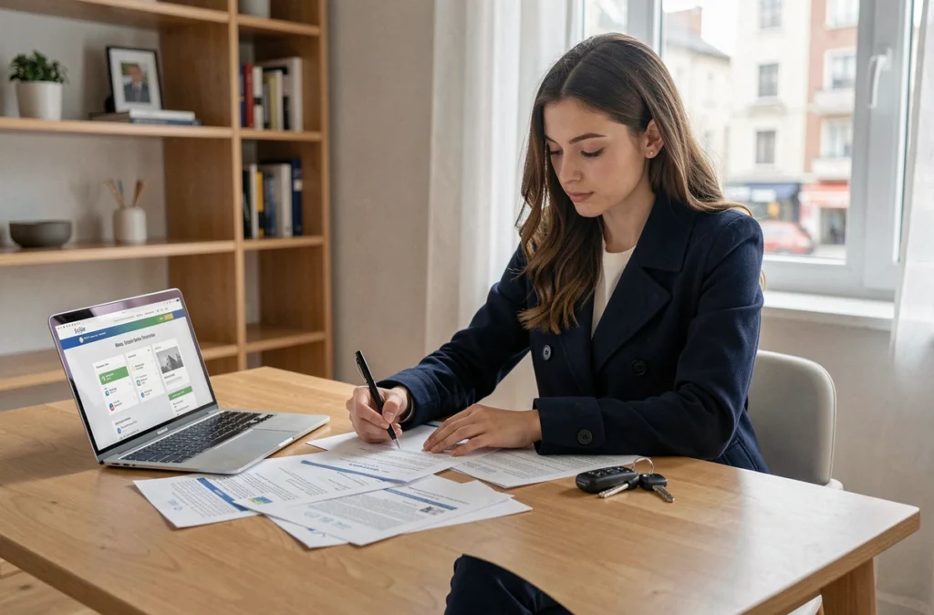 Jeune conductrice signant des documents d'assurance pour une voiture puissante à son bureau dans un appartement moderne