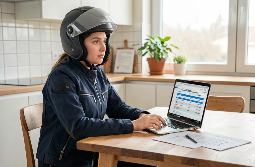 Jeune femme motarde comparant des offres d'assurance moto sur un ordinateur portable chez elle