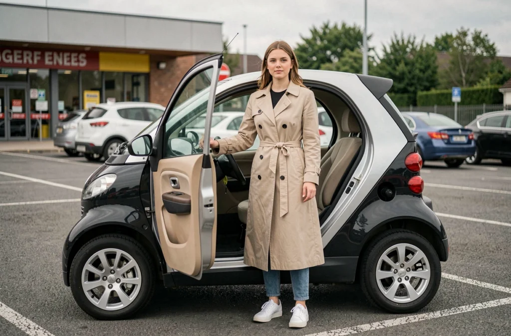 Jeune femme sortant d'une voiture sans permis Peugeot dans un parking de banlieue