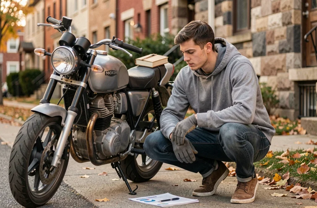Jeune homme accroupi près de sa moto examinant un document d'assurance moto dans une rue résidentielle