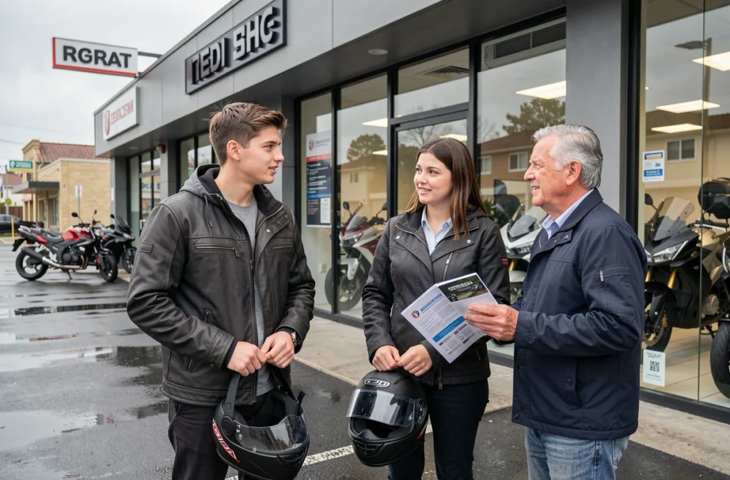 Deux jeunes motards discutant d'assurance moto avec un conseiller devant une concession moto