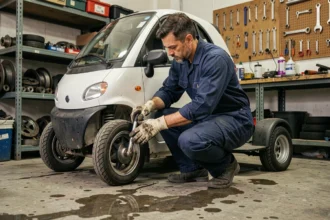 Mécanicien spécialisé inspectant une voiture sans permis dans un garage indépendant
