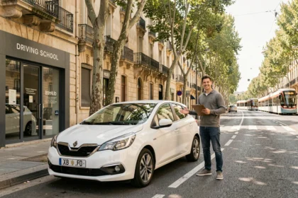 Vue d'ensemble d'une auto-école à Montpellier avec un instructeur et une voiture école devant un boulevard animé