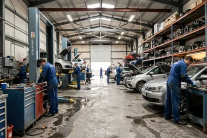 Vue d'ensemble d'un garage mécanique automobile professionnel dans le Pas-de-Calais avec des mécaniciens au travail