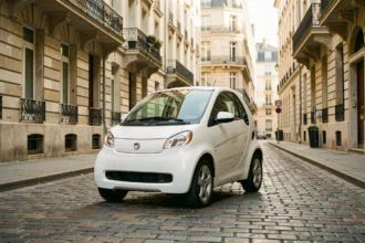 Petite voiture sans permis blanche garée dans une rue pavée du centre-ville européen