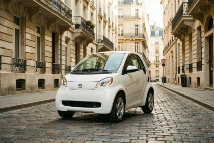 Petite voiture sans permis blanche garée dans une rue pavée du centre-ville européen