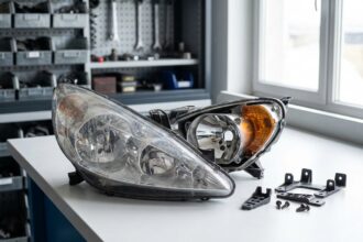 Phare avant démontré de Peugeot 207 posé sur un établi d'atelier automobile, montrant le réflecteur et le boîtier en détail