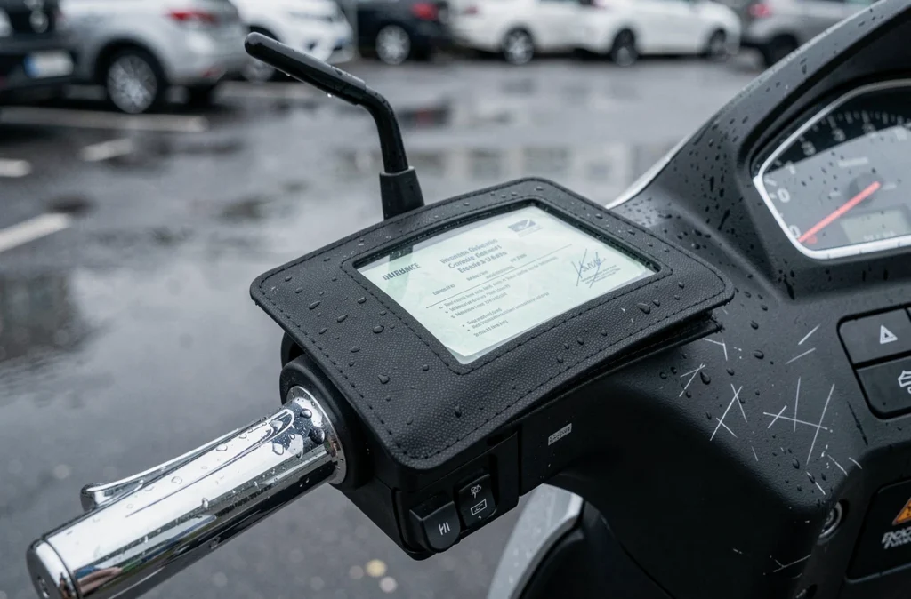 Gros plan sur un porte-assurance étanche fixé au guidon d'un scooter avec l'attestation d'assurance visible