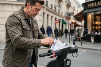Homme insérant son attestation d'assurance scooter dans un porte-documents transparent fixé au guidon