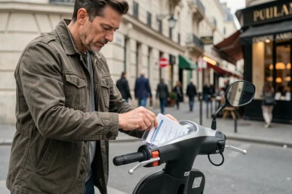 Homme insérant son attestation d'assurance scooter dans un porte-documents transparent fixé au guidon