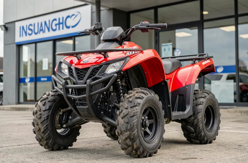 Quad rouge et noir garé devant une agence d'assurance pour obtenir un devis