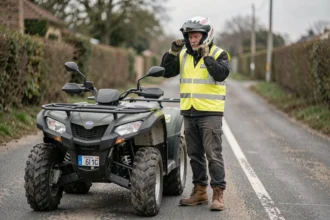 Homme portant un gilet de sécurité et un casque homologué à côté d'un quad immatriculé sur route, vérifiant le rétroviseur