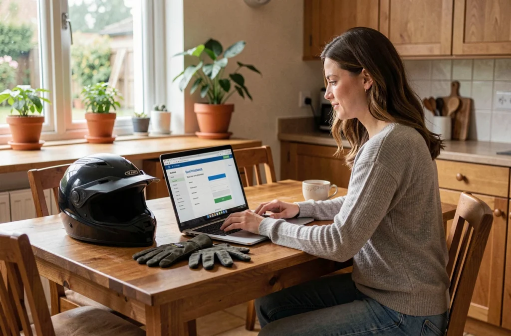 Femme recherchant un devis d'assurance quad en ligne depuis son domicile avec un ordinateur portable