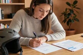 Femme rédigeant une lettre de résiliation d'assurance scooter à son bureau avec un casque posé à côté