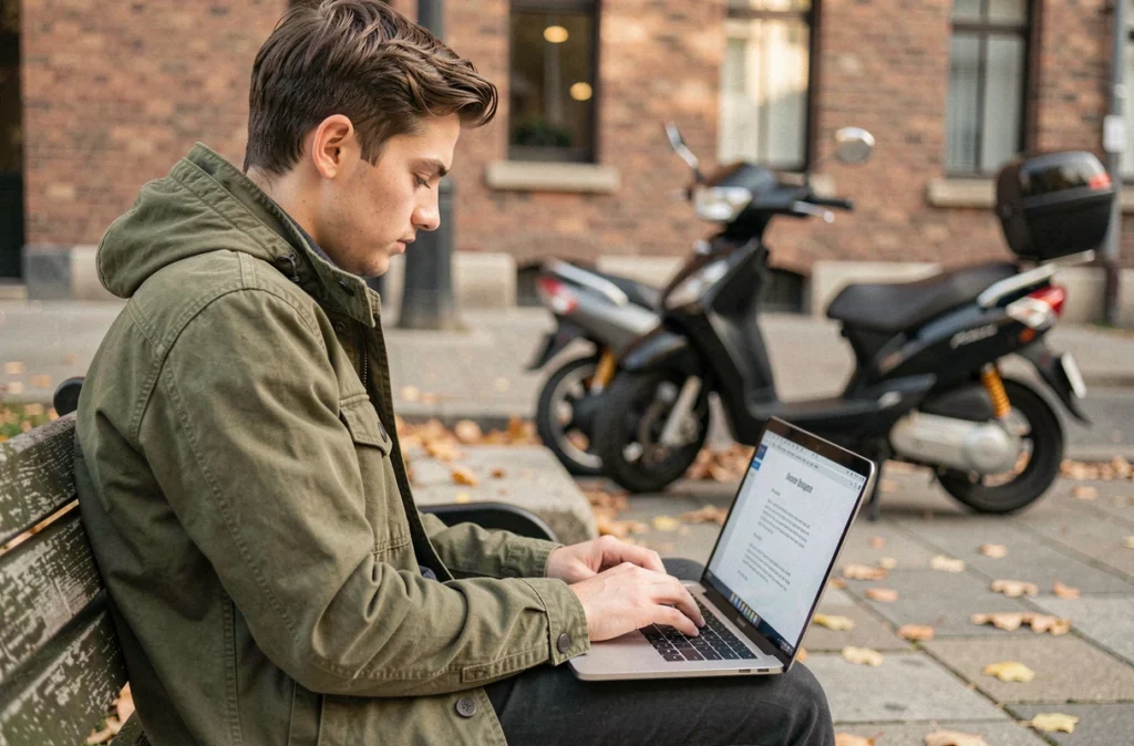 Jeune personne rédigeant une lettre de résiliation d'assurance sur un ordinateur portable avec un scooter en arrière-plan