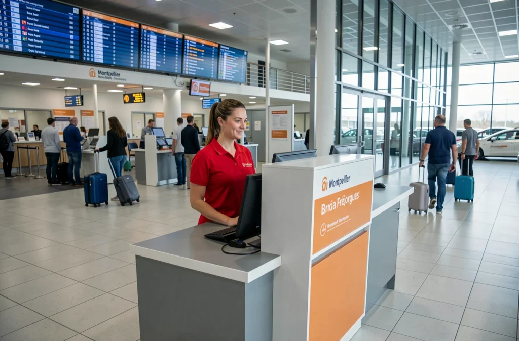 Agent de l'agence Rent A Car au comptoir de l'aéroport de Montpellier Fréjorgues à Mauguio