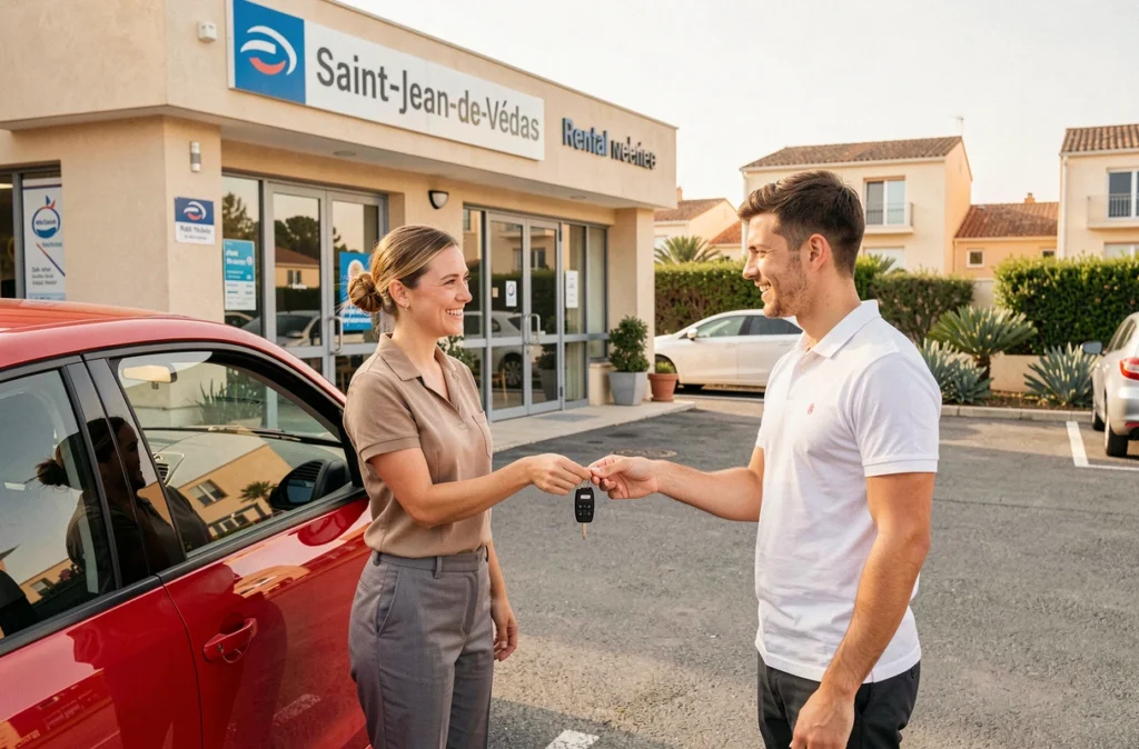 Agente remettant les clés d'un véhicule de location à un client devant l'agence Rent A Car de Saint-Jean-de-Védas