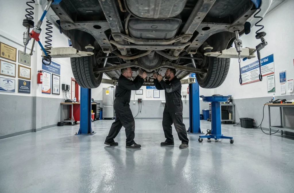 Deux mécaniciens de SRM2P à Hénin-Beaumont travaillant sur la suspension d'un véhicule surélevé