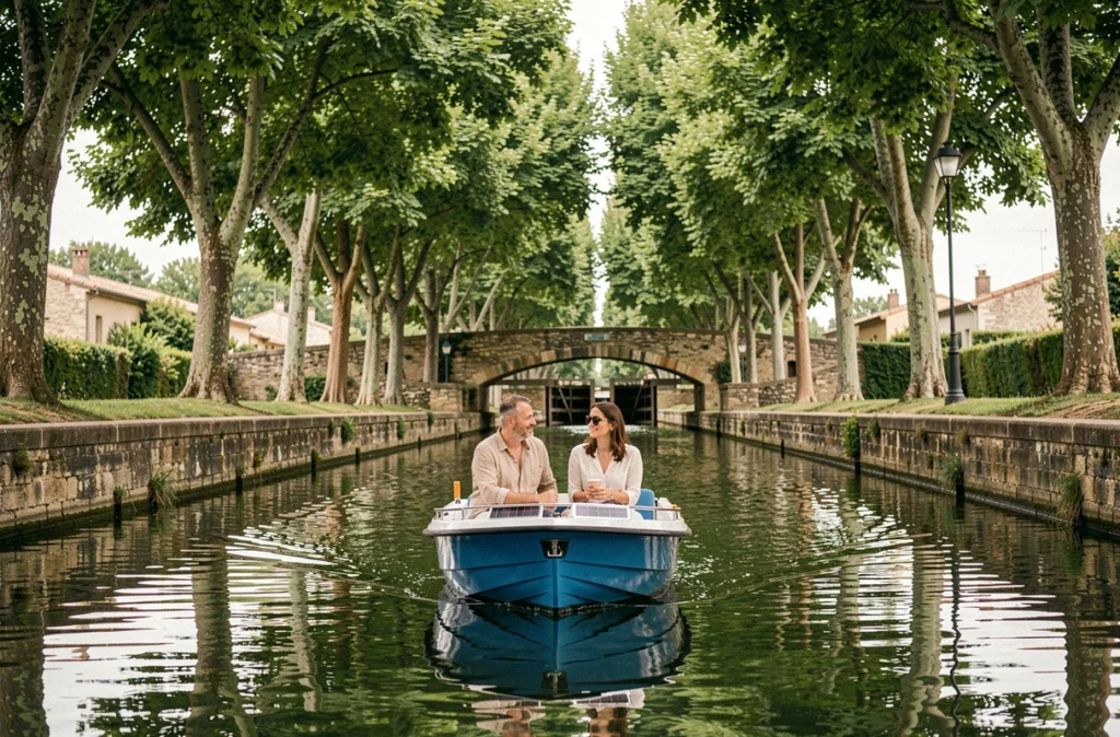Couple naviguant en bateau électrique sur le Canal du Midi près de Colombiers sous une voûte d'arbres