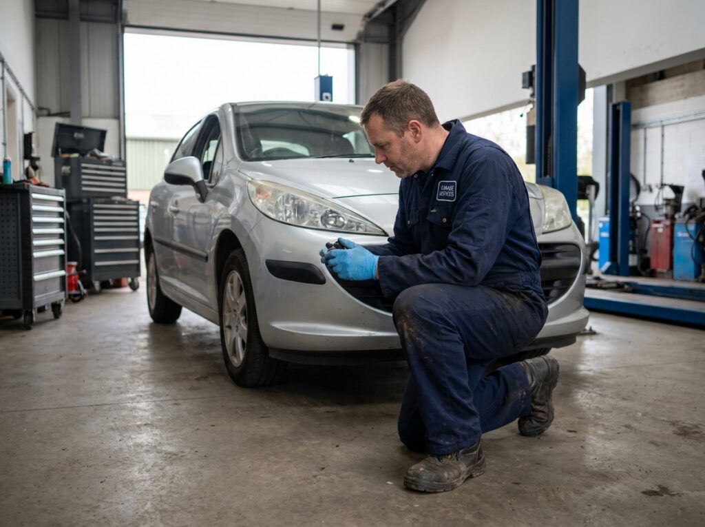 Technicien automobile examinant le phare avant d'une Peugeot 207 dans un garage de réparation