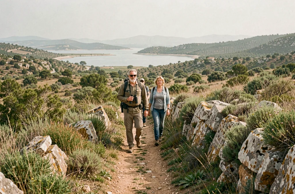 Guide nature conduisant un groupe sur un sentier de garrigue près de Poussan avec l'étang de Thau en arrière-plan