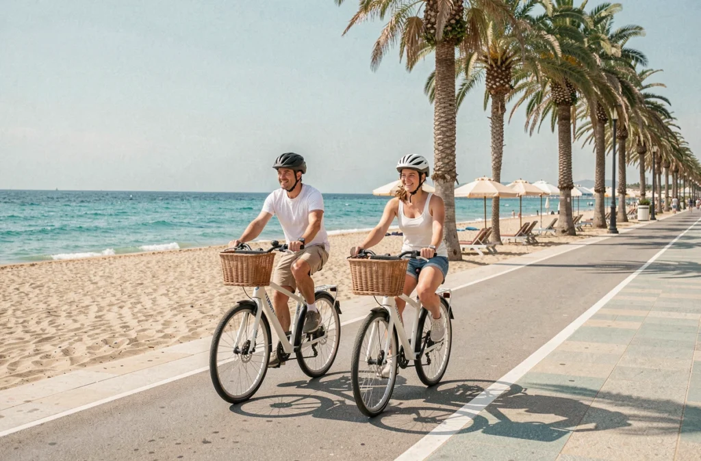 Deux cyclistes sur des vélos de location longeant le bord de mer à Valras-Plage sous un ciel méditerranéen