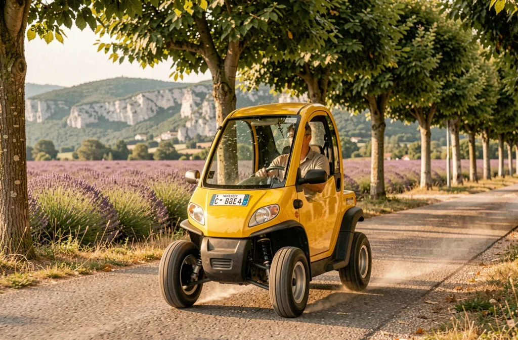 Voiture sans permis jaune roulant sur une avenue arborée près d'Orange dans le Vaucluse