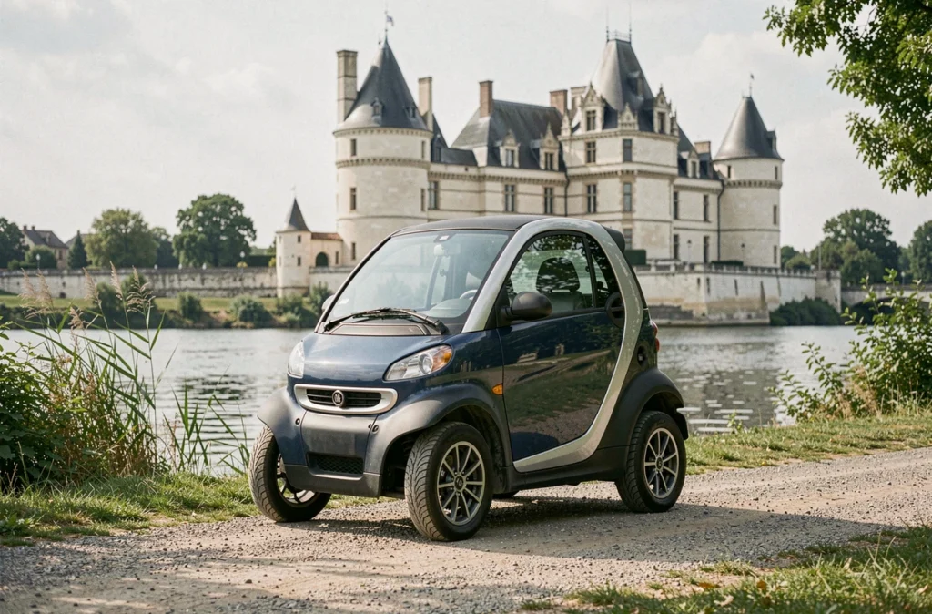 Voiture sans permis garée au bord de la Loire avec le château de Blois en arrière-plan