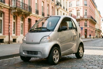 Voiture sans permis d'occasion de couleur grise garée dans une rue de Toulouse avec façades en briques roses