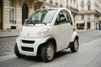 Voiture sans permis Peugeot blanche garée sur un trottoir urbain en France