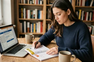 Femme concentrée qui révise le code de la route avec un livret et des notes manuscrites pour repasser son examen après plusieurs années
