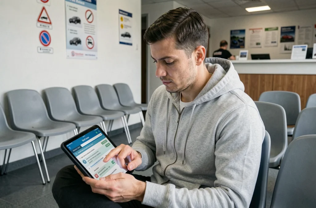 Homme en auto-école révisant le code de la route sur une tablette numérique avant de repasser son examen théorique